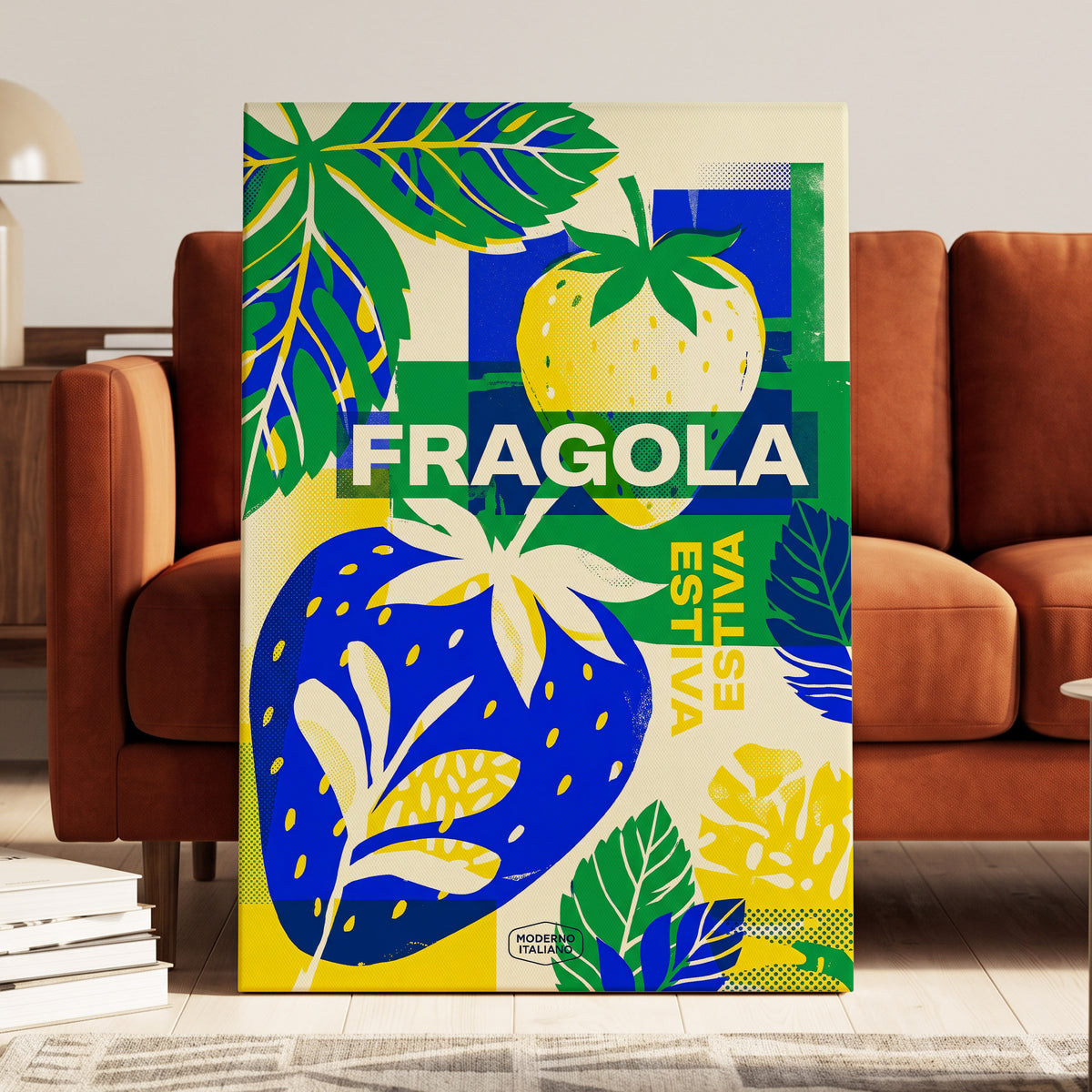 Fragola Pop Garden, blue, green, yellow nature wall art on canvas displayed in a styled interior, gallery view 1