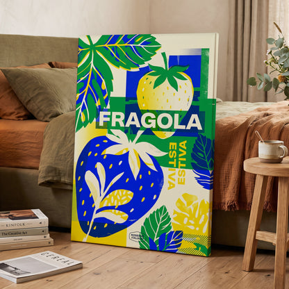 Fragola Pop Garden, blue, green, yellow nature wall art on canvas displayed in a styled interior, gallery view 2