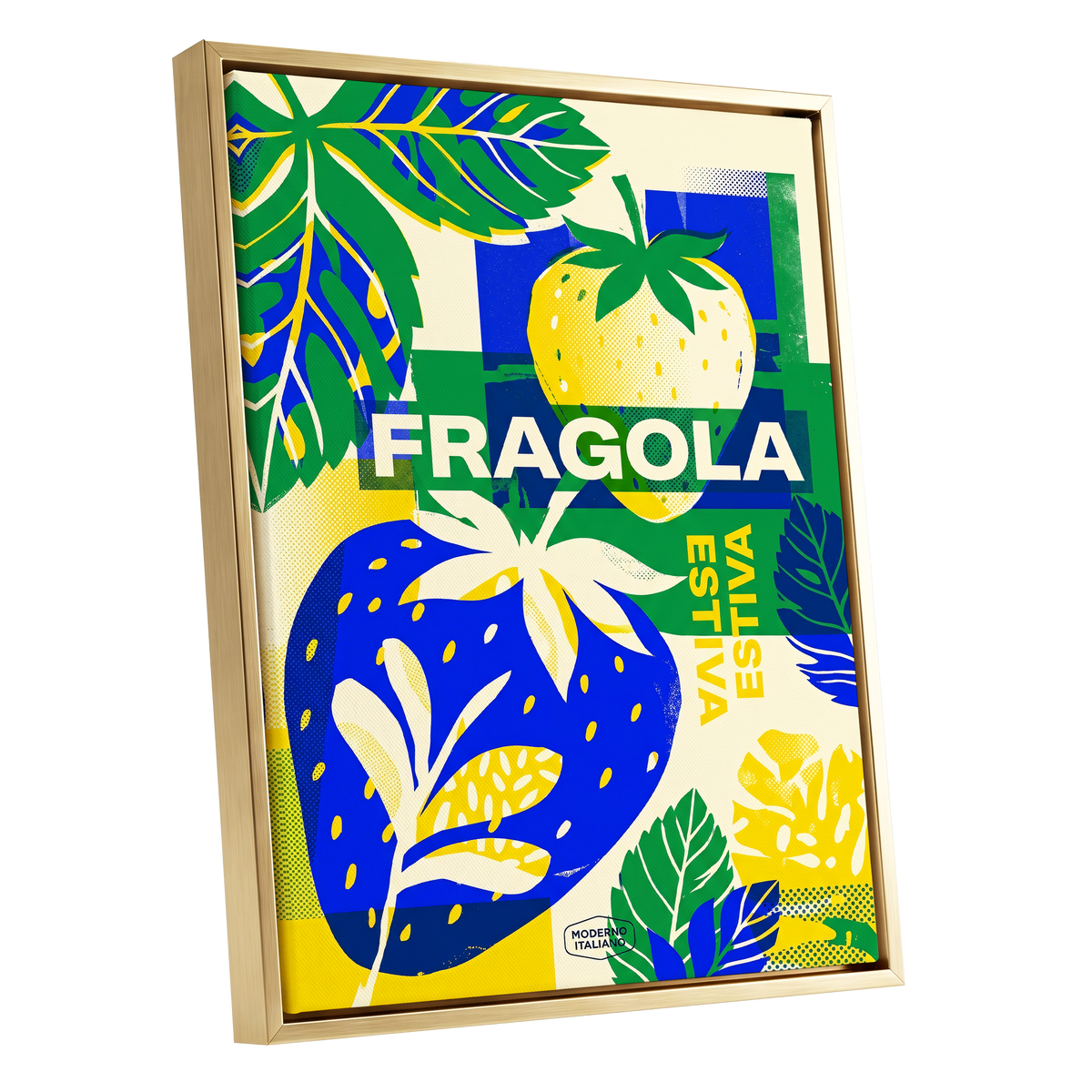 Fragola Pop Garden, blue, green, yellow nature wall art shown as a gold framed canvas wall art