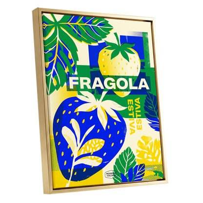 Fragola Pop Garden, blue, green, yellow nature wall art shown as a gold framed canvas wall art