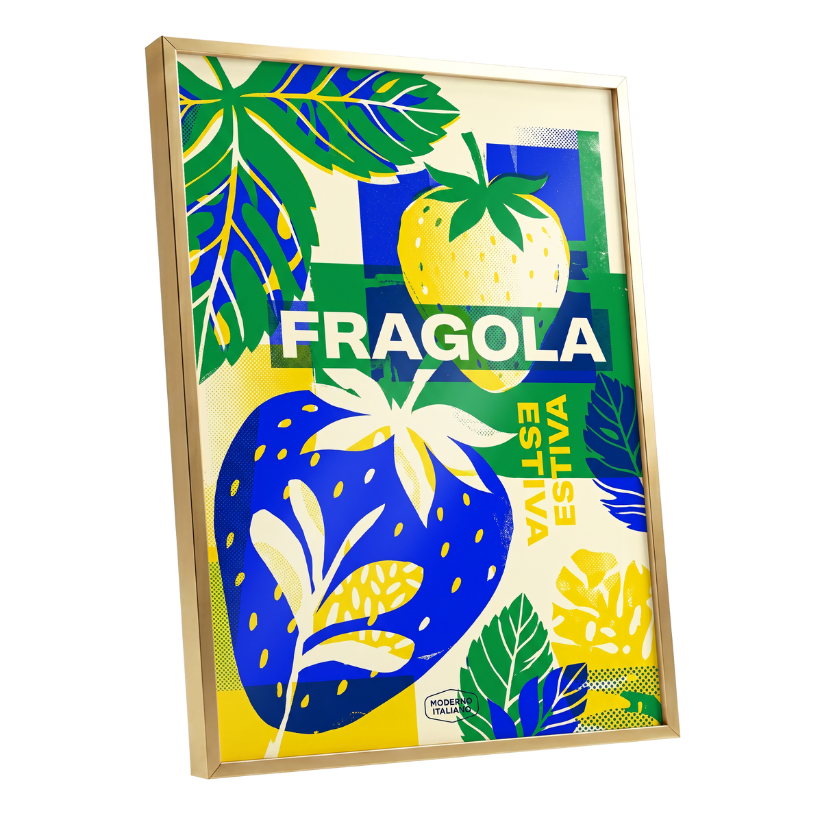 Fragola Pop Garden, blue, green, yellow nature wall art shown as a gold framed poster wall art print