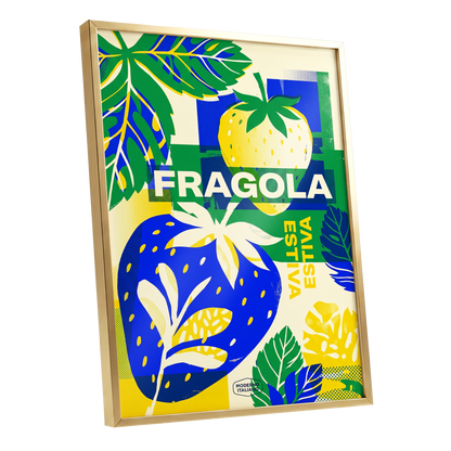 Fragola Pop Garden, blue, green, yellow nature wall art shown as a gold framed poster wall art print