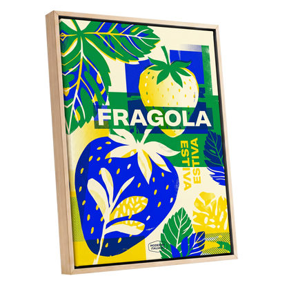 Fragola Pop Garden, blue, green, yellow nature wall art shown as a oak framed canvas wall art