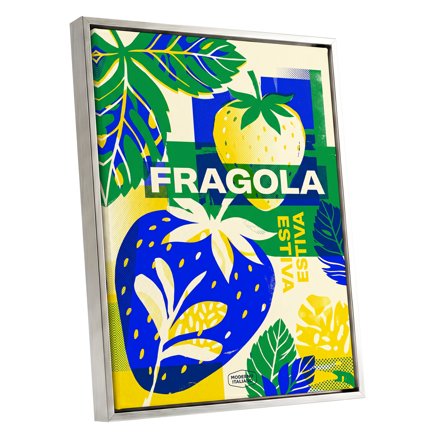 Fragola Pop Garden, blue, green, yellow nature wall art shown as a silver framed canvas wall art