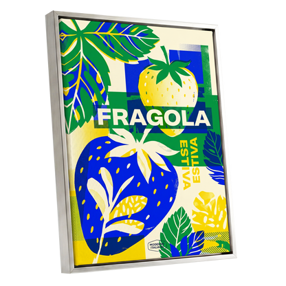 Fragola Pop Garden, blue, green, yellow nature wall art shown as a silver framed canvas wall art