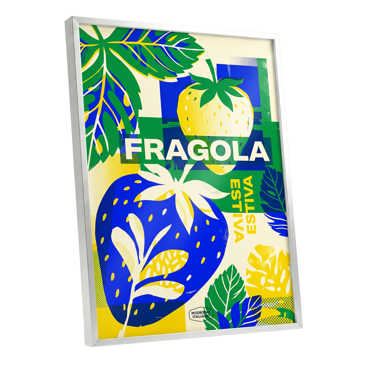 Fragola Pop Garden, blue, green, yellow nature wall art shown as a silver framed poster wall art print