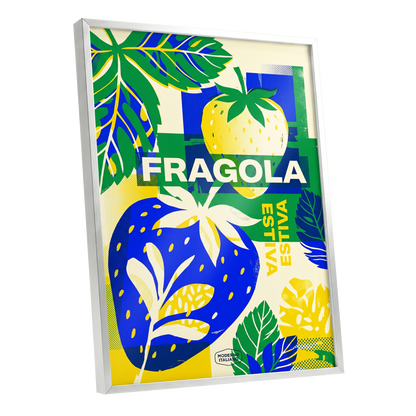 Fragola Pop Garden, blue, green, yellow nature wall art shown as a silver framed poster wall art print