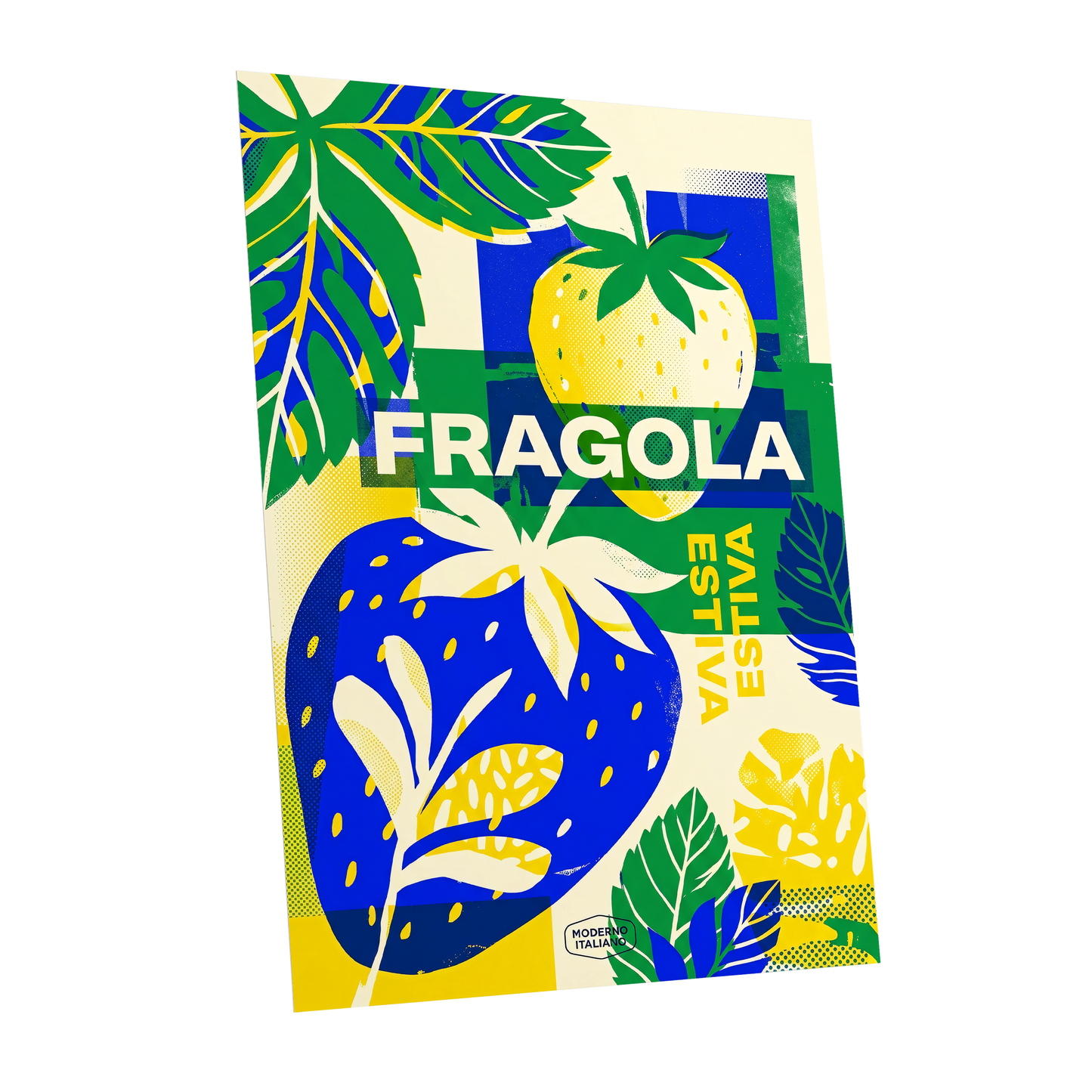 Fragola Pop Garden, blue, green, yellow nature wall art shown as a unframed poster wall art print