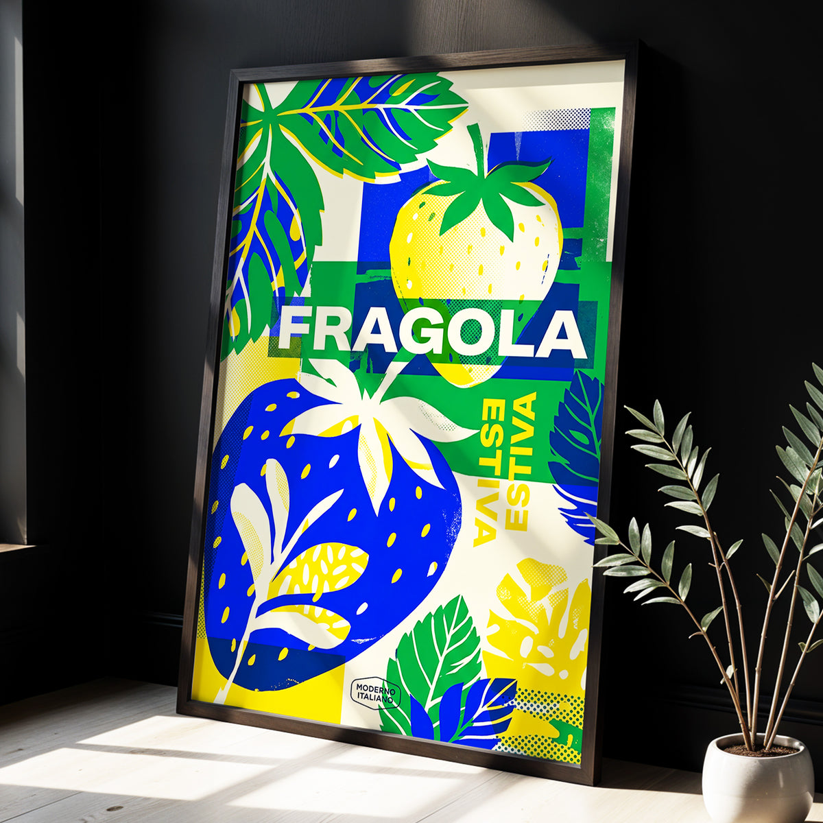 Fragola Pop Garden, blue, green, yellow nature wall art displayed in a styled interior, gallery view 3