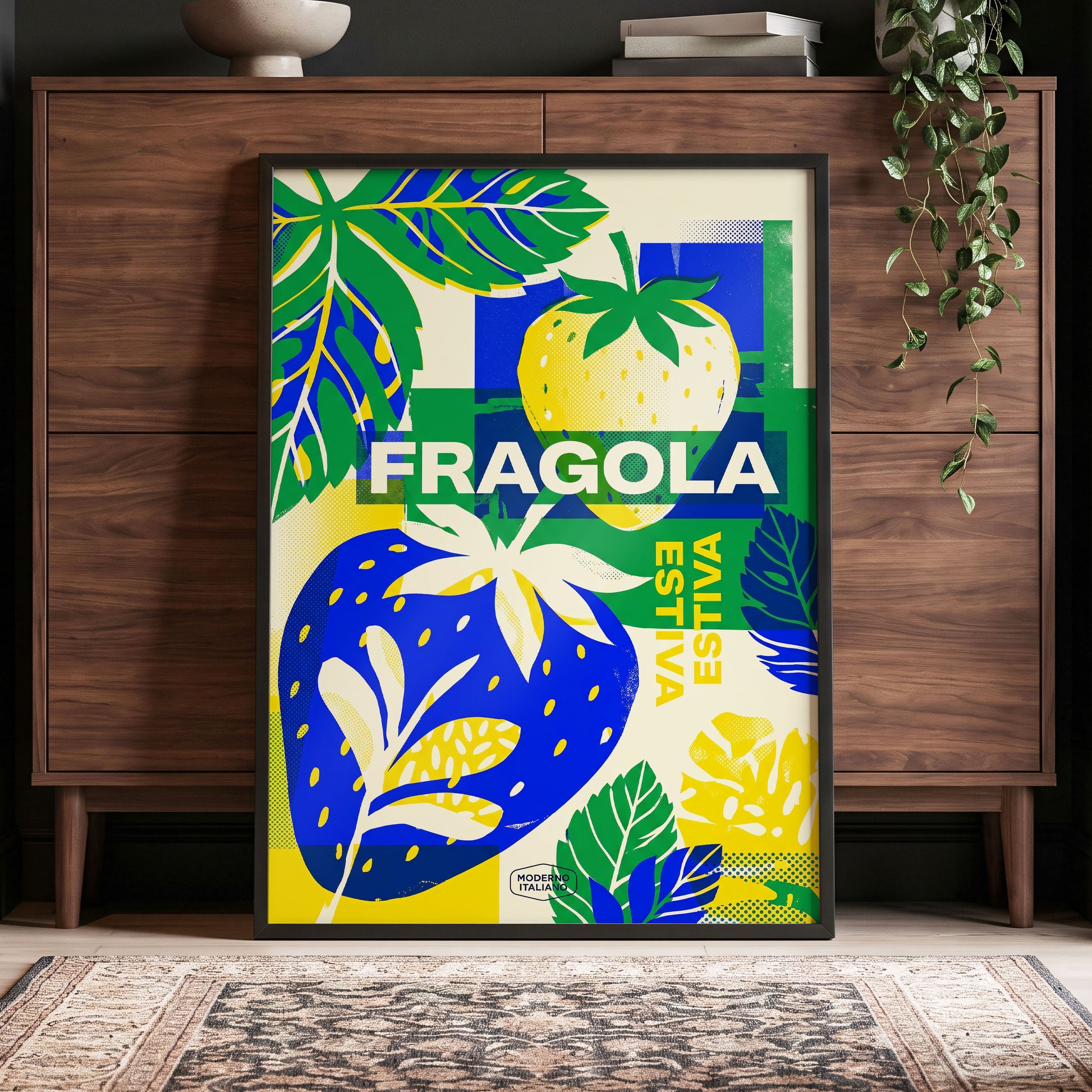 Fragola Pop Garden, blue, green, yellow nature wall art displayed in a styled interior, gallery view 5