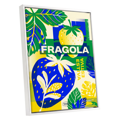Fragola Pop Garden, blue, green, yellow nature wall art shown as a white framed canvas wall art