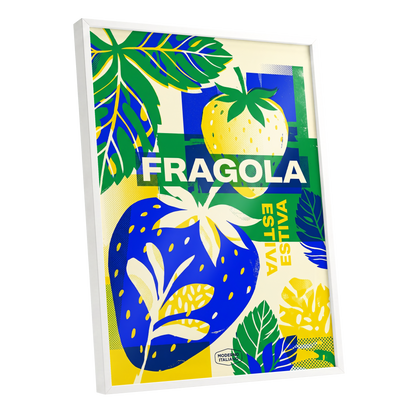 Fragola Pop Garden, blue, green, yellow nature wall art shown as a white framed poster wall art print