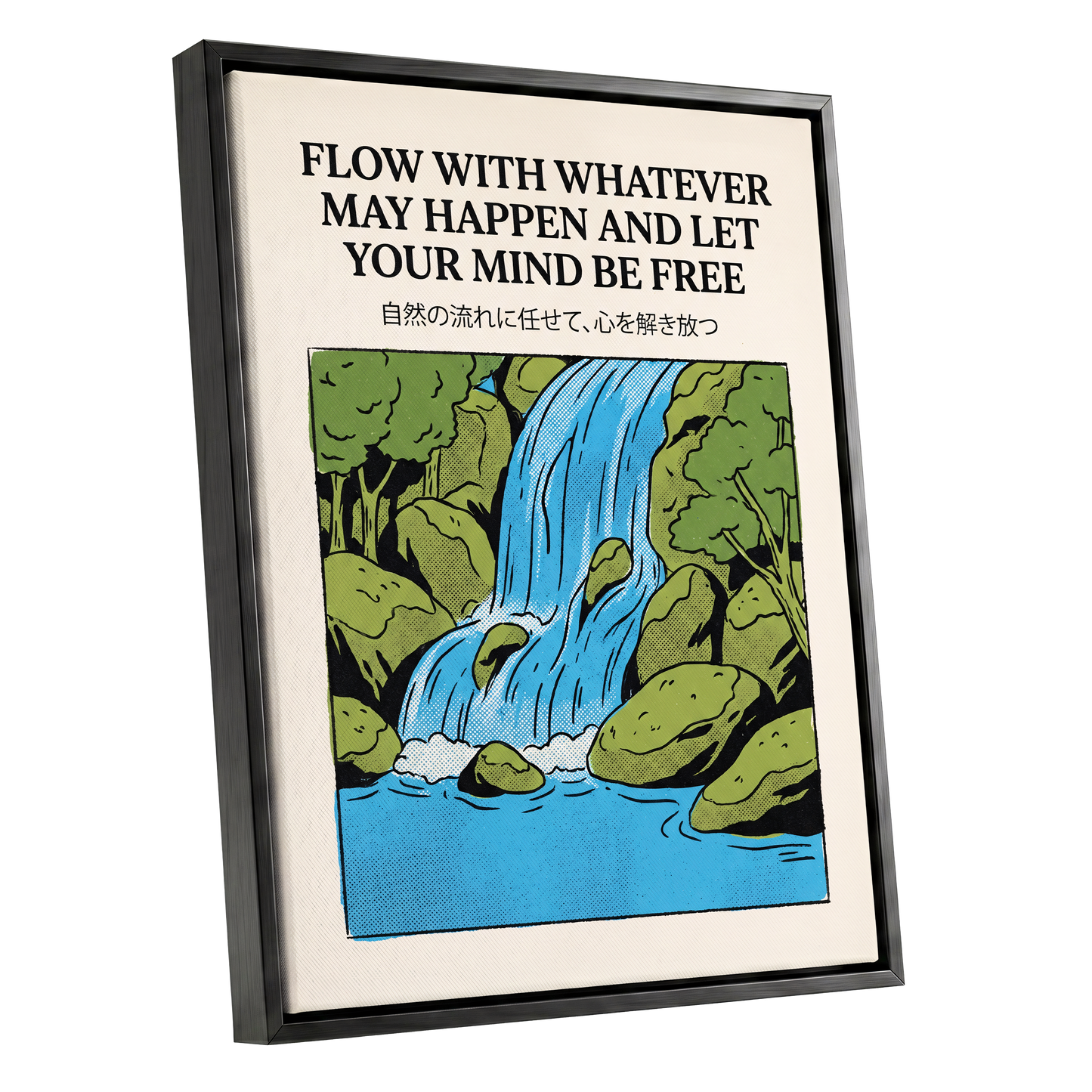 Free-Flow Falls, black, green, beige nature wall art shown as a black framed canvas wall art