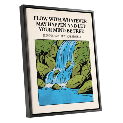 Free-Flow Falls, black, green, beige nature wall art shown as a black framed canvas wall art