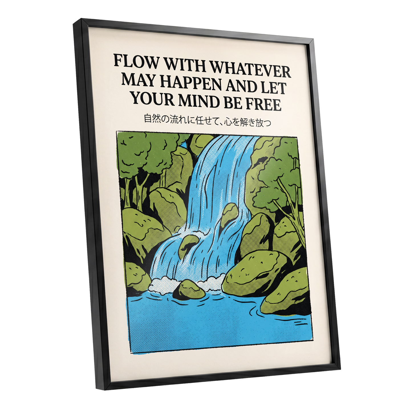 Free-Flow Falls, black, green, beige nature wall art shown as a black framed poster wall art print