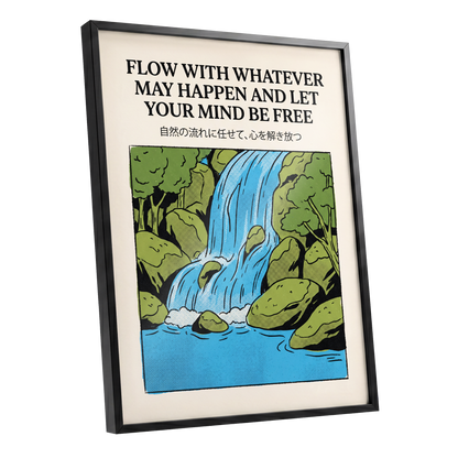 Free-Flow Falls, black, green, beige nature wall art shown as a black framed poster wall art print