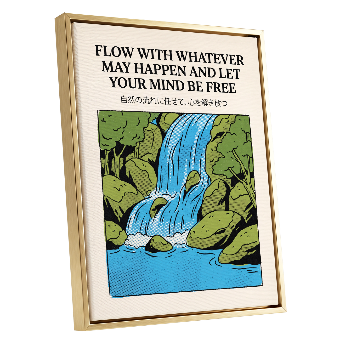 Free-Flow Falls, black, green, beige nature wall art shown as a gold framed canvas wall art