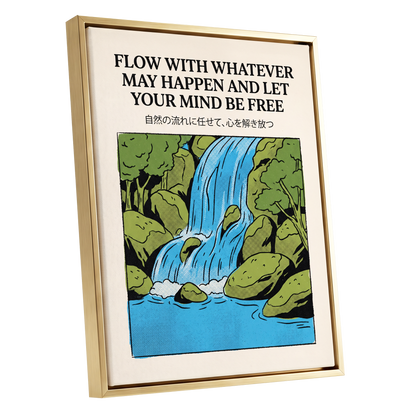 Free-Flow Falls, black, green, beige nature wall art shown as a gold framed canvas wall art