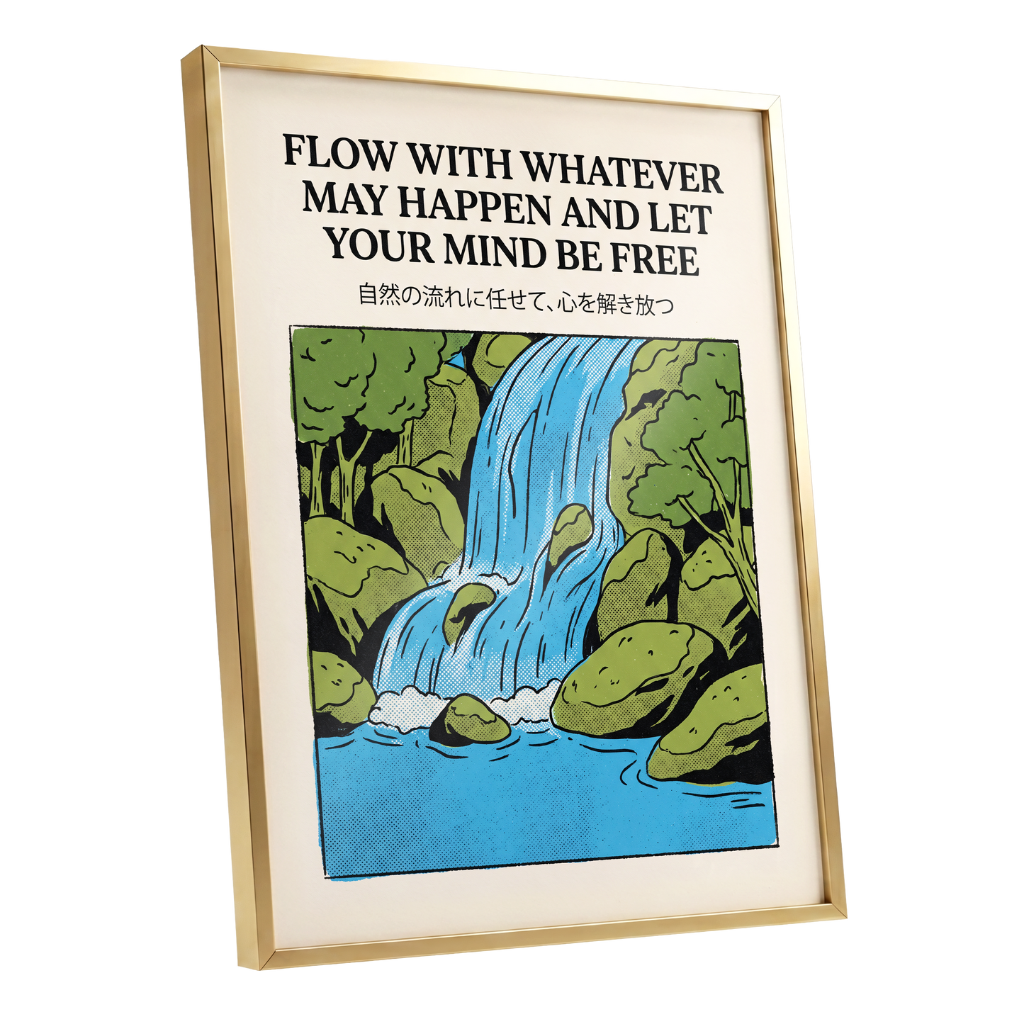 Free-Flow Falls, black, green, beige nature wall art shown as a gold framed poster wall art print