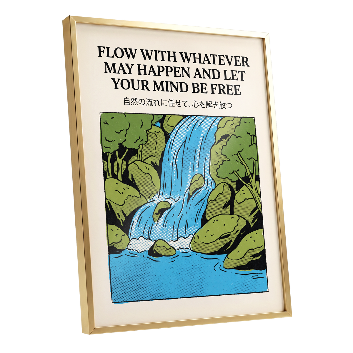 Free-Flow Falls, black, green, beige nature wall art shown as a gold framed poster wall art print