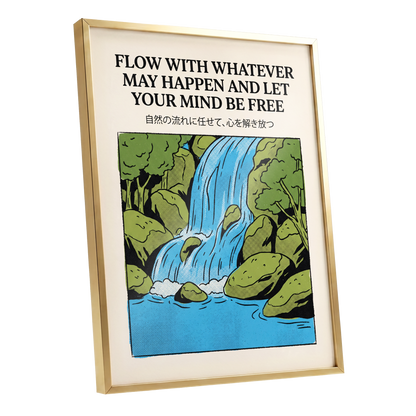 Free-Flow Falls, black, green, beige nature wall art shown as a gold framed poster wall art print