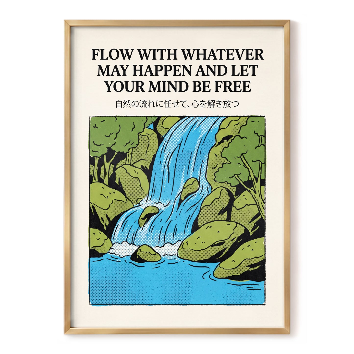 Free-Flow Falls, black, green, beige nature wall art, front artwork view