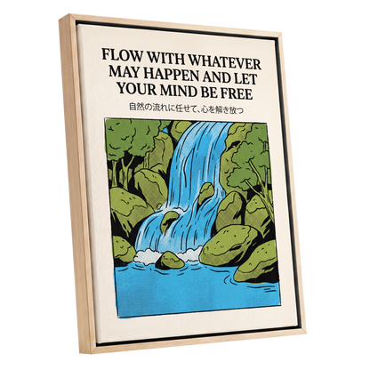 Free-Flow Falls, black, green, beige nature wall art shown as a oak framed canvas wall art