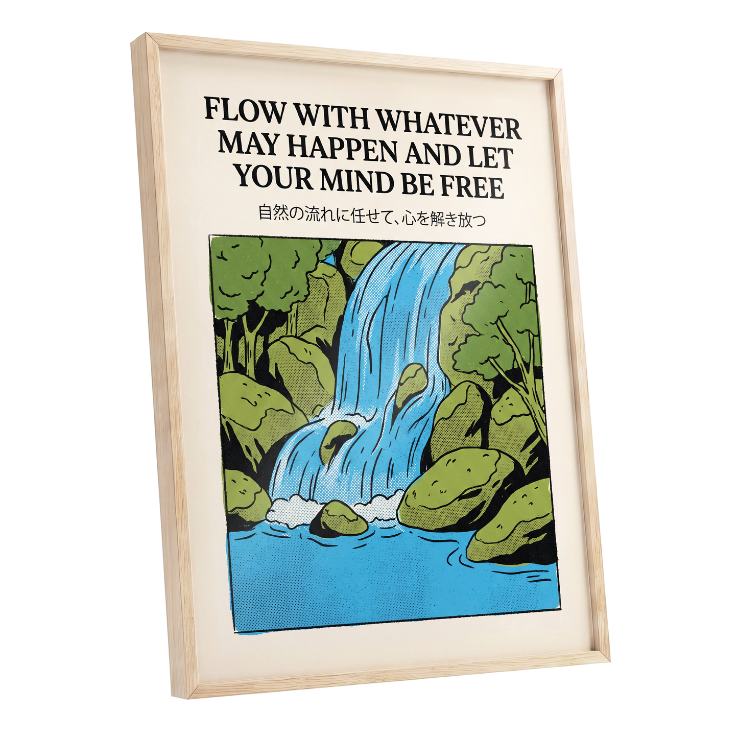 Free-Flow Falls, black, green, beige nature wall art shown as a oak framed poster wall art print