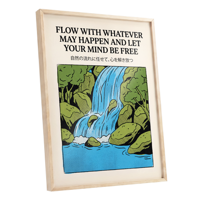 Free-Flow Falls, black, green, beige nature wall art shown as a oak framed poster wall art print