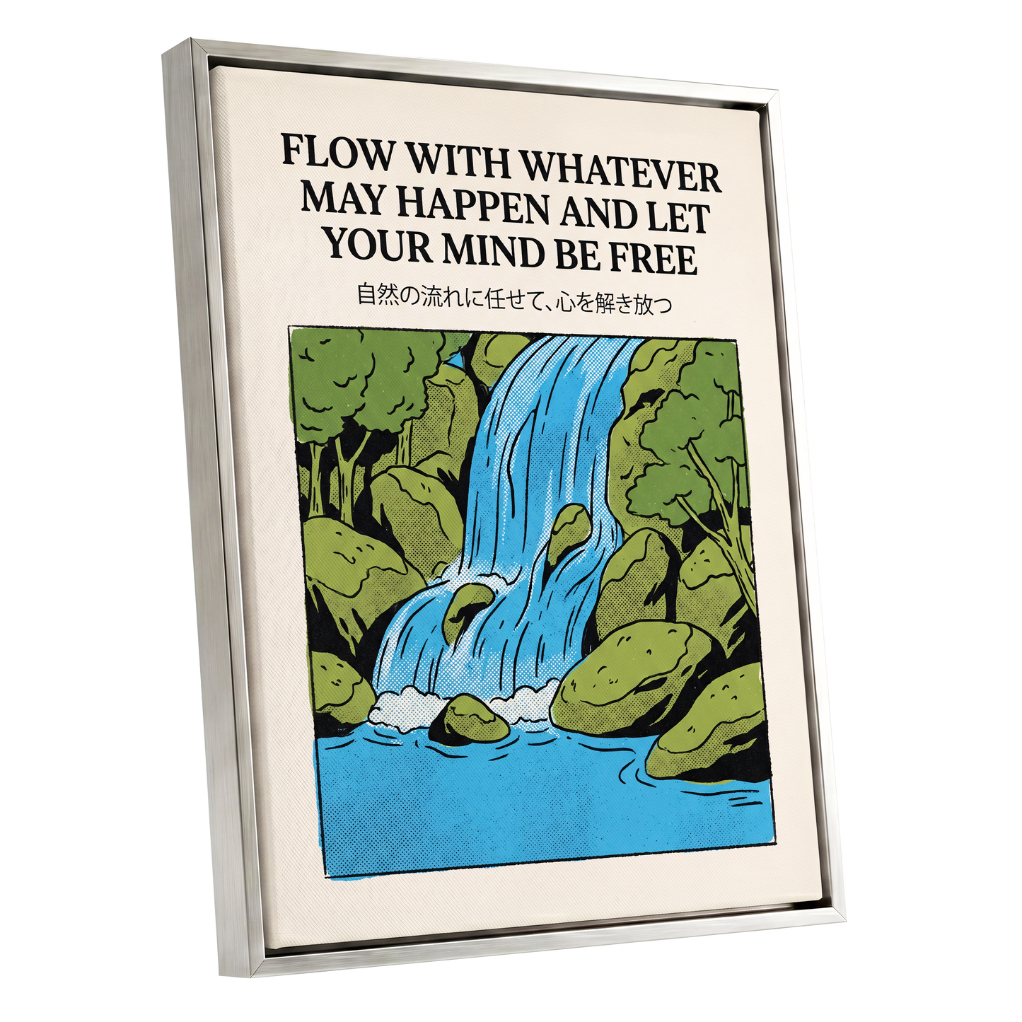 Free-Flow Falls, black, green, beige nature wall art shown as a silver framed canvas wall art