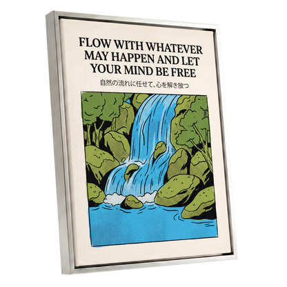 Free-Flow Falls, black, green, beige nature wall art shown as a silver framed canvas wall art