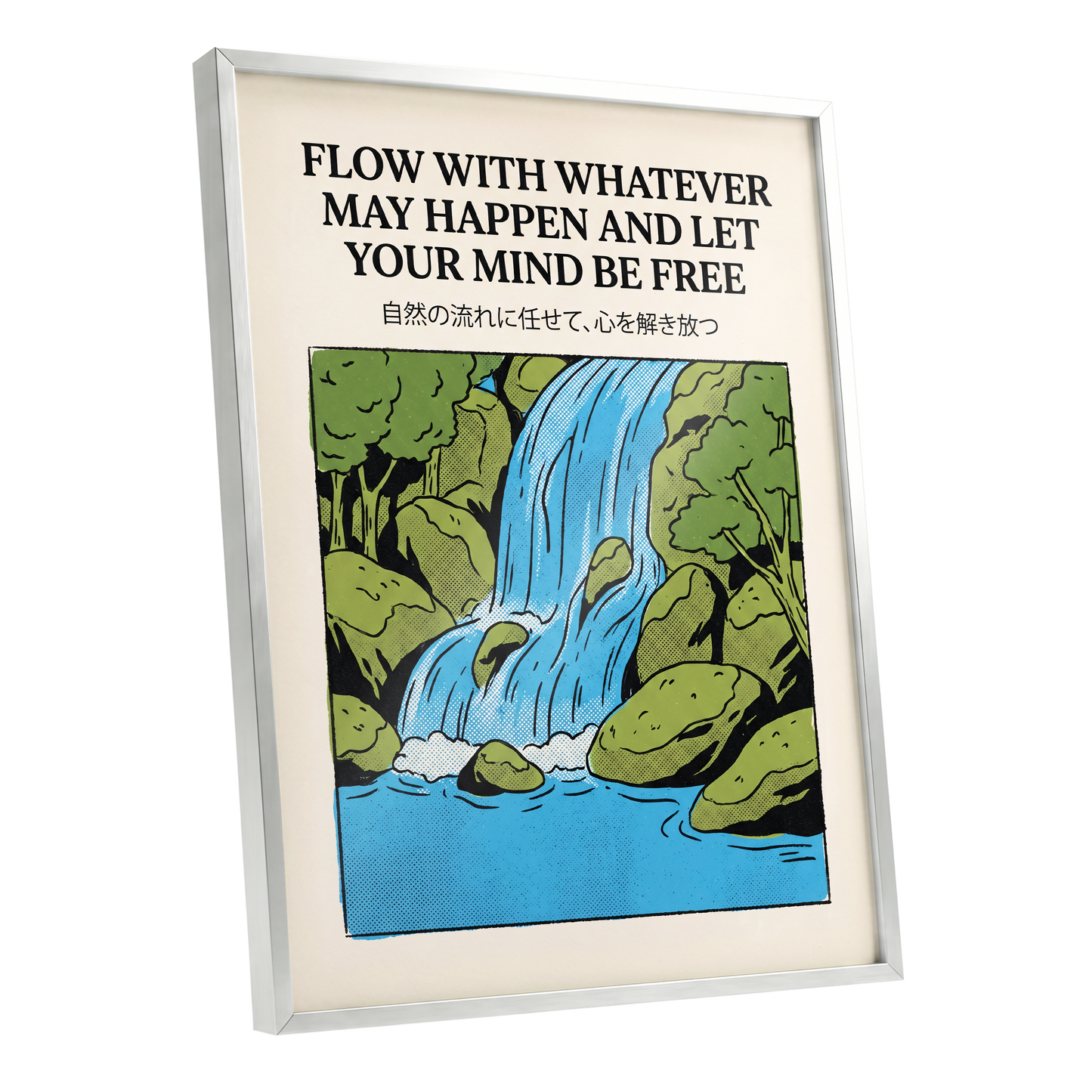 Free-Flow Falls, black, green, beige nature wall art shown as a silver framed poster wall art print