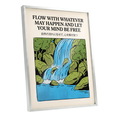 Free-Flow Falls, black, green, beige nature wall art shown as a silver framed poster wall art print