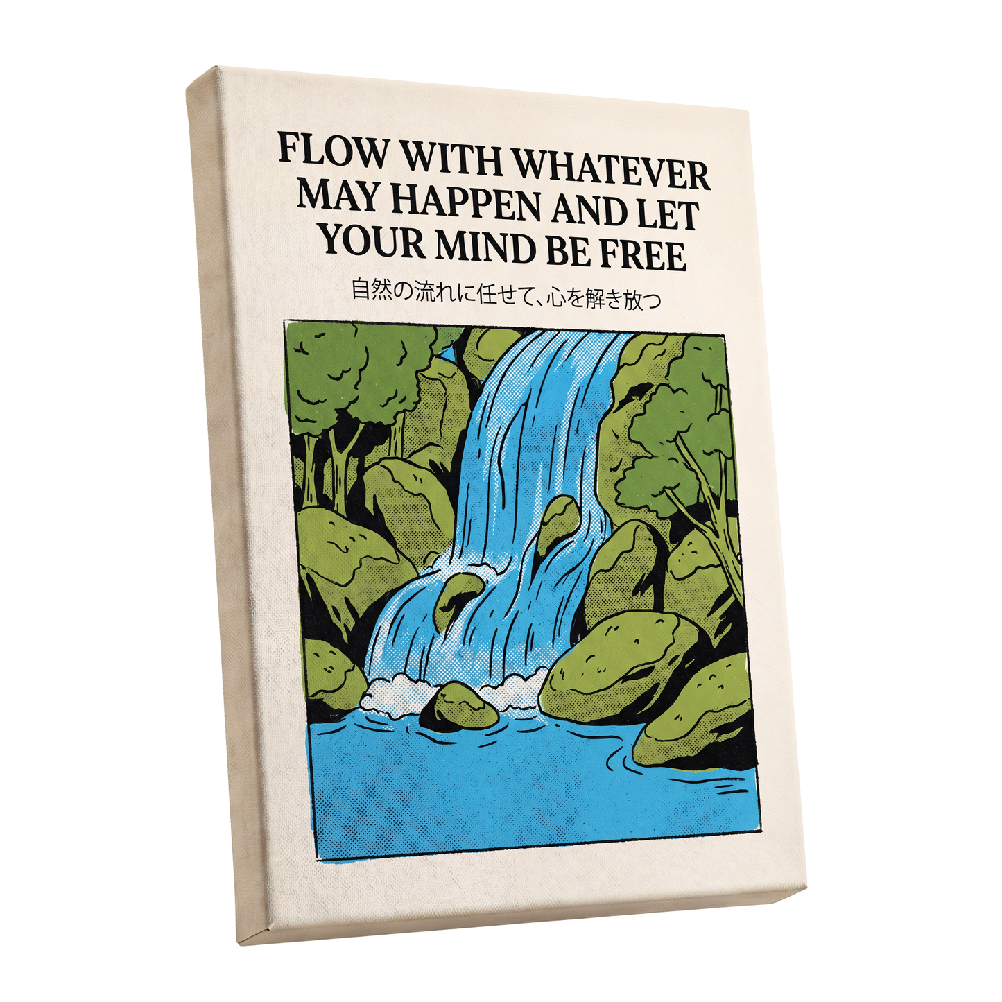 Free-Flow Falls, black, green, beige nature wall art shown as a stretched canvas wall art