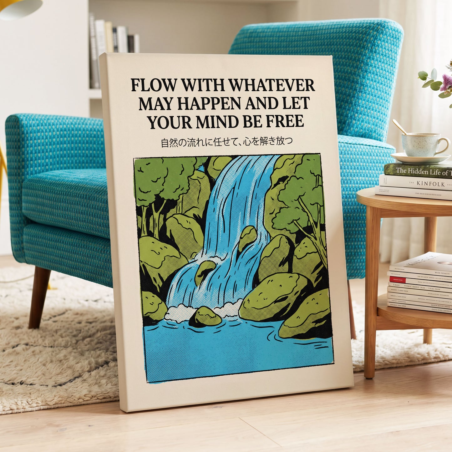 Free-Flow Falls, black, green, beige nature wall art displayed in a styled interior, gallery view 3