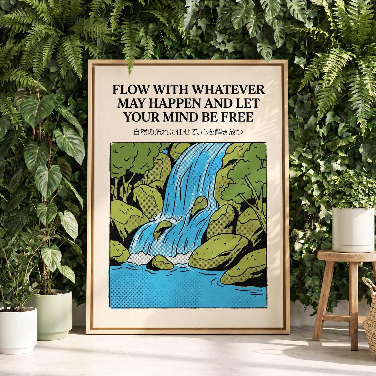 Free-Flow Falls, black, green, beige nature wall art displayed in a styled interior, gallery view 4
