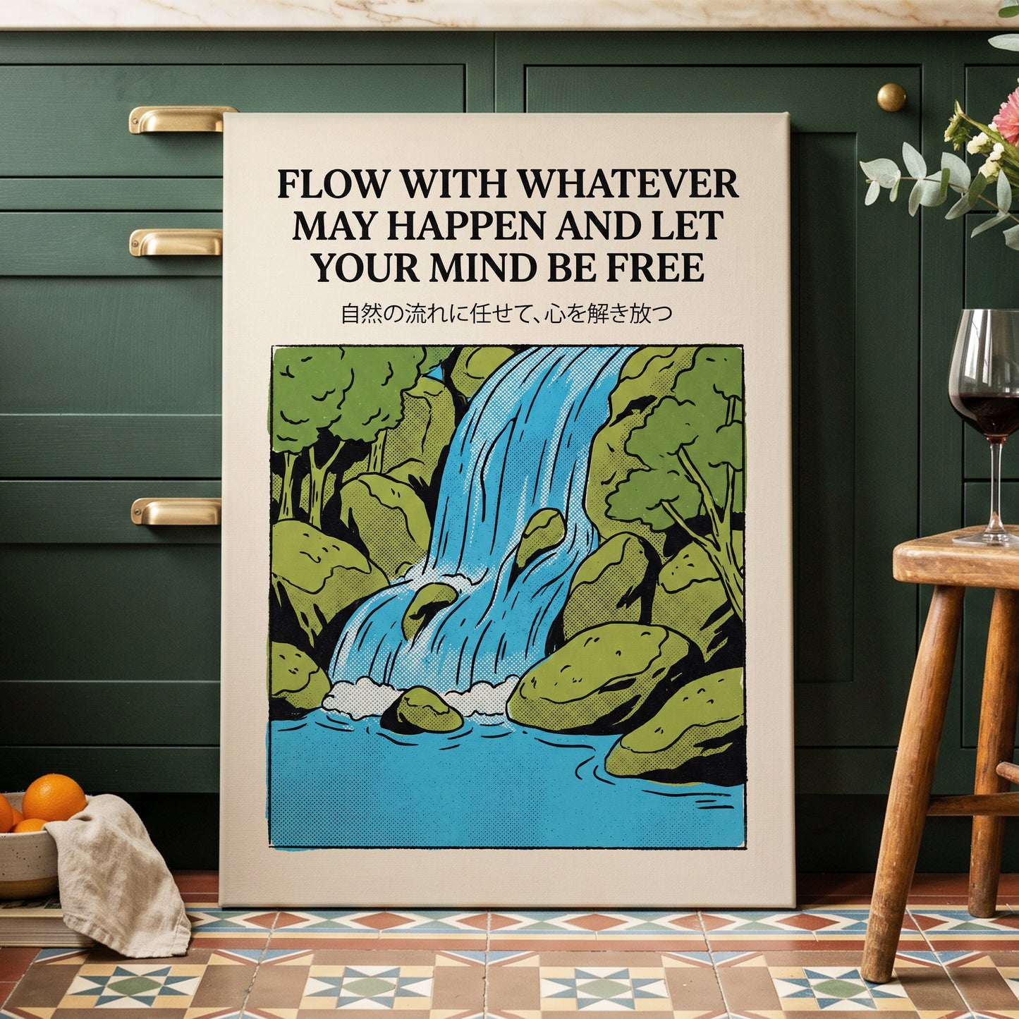 Free-Flow Falls, black, green, beige nature wall art displayed in a styled interior, gallery view 7