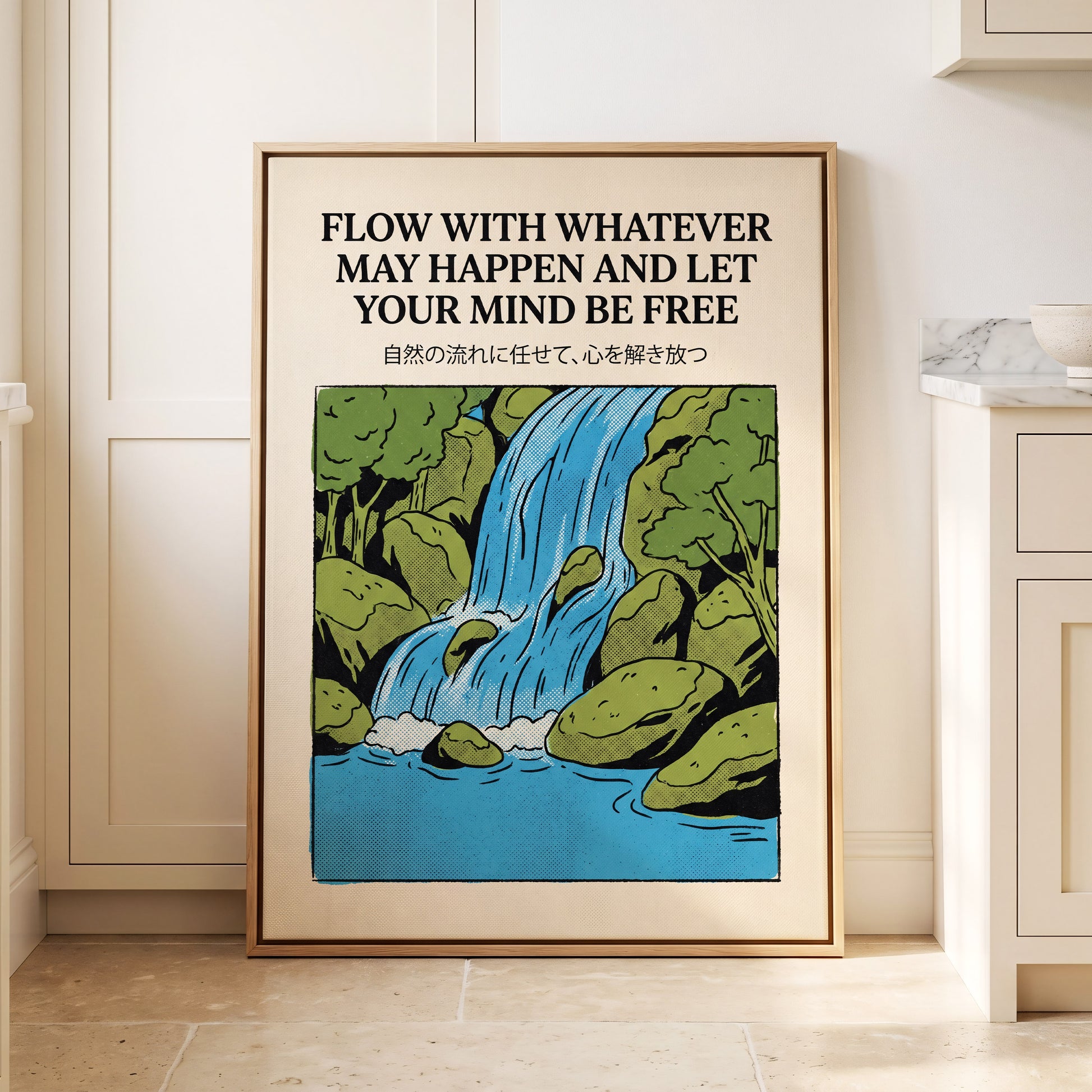 Free-Flow Falls, black, green, beige nature wall art displayed in a styled interior, gallery view 8