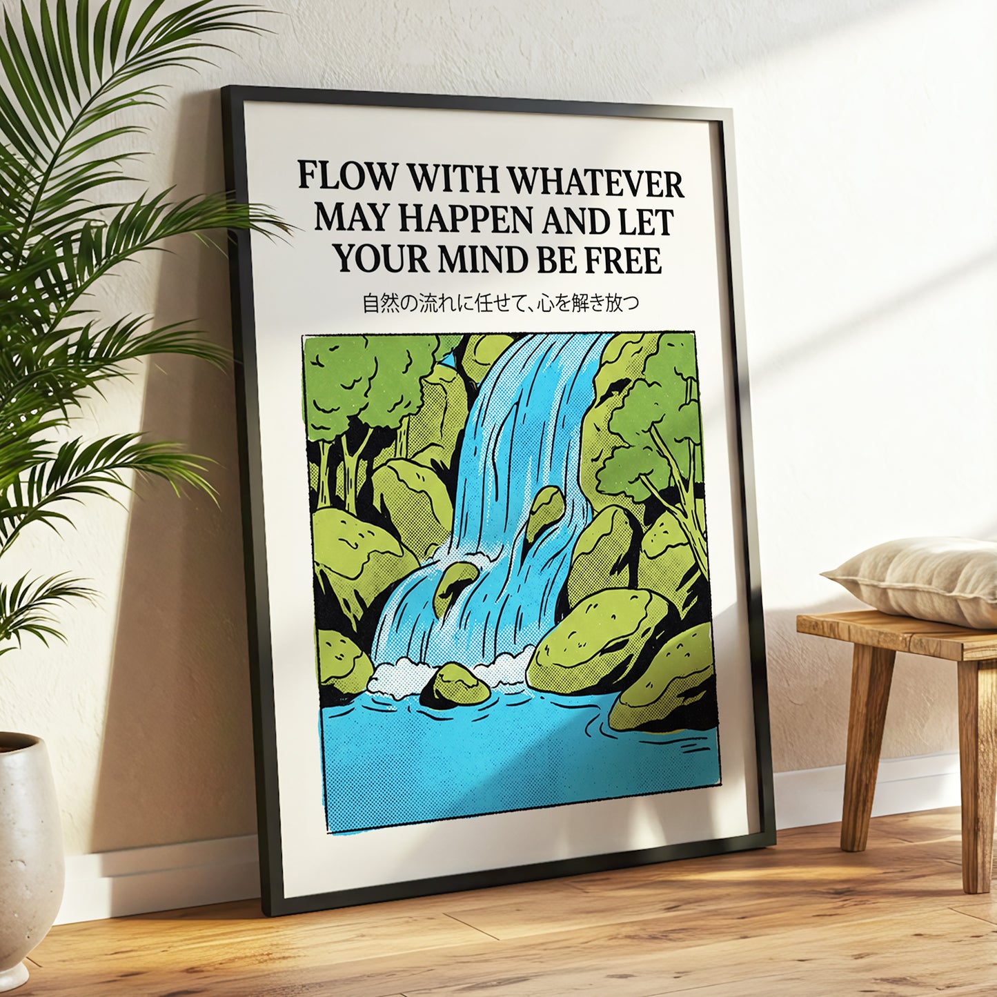 Free-Flow Falls, black, green, beige nature wall art displayed in a styled interior, gallery view 9