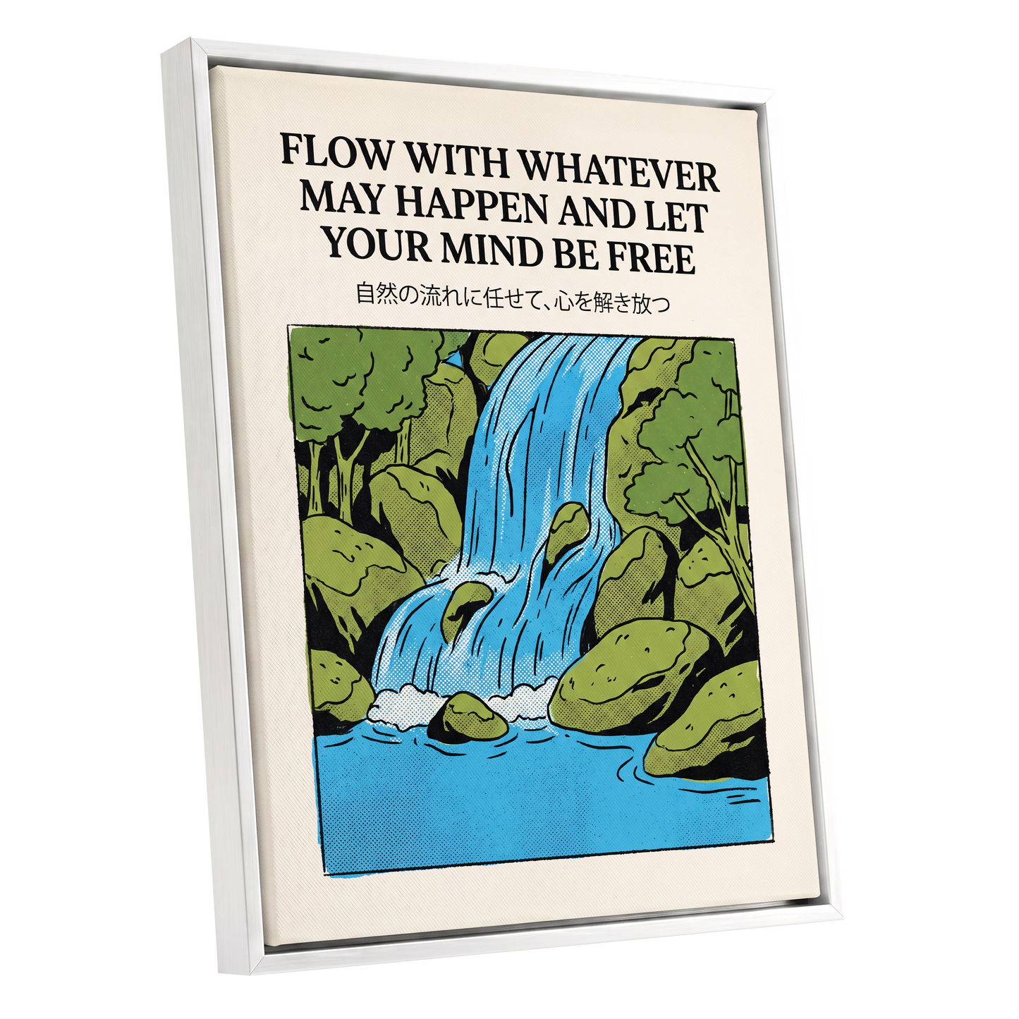 Free-Flow Falls, black, green, beige nature wall art shown as a white framed canvas wall art