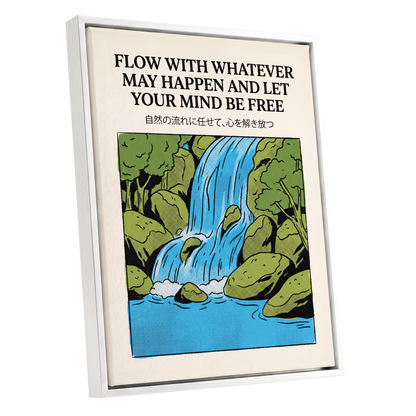 Free-Flow Falls, black, green, beige nature wall art shown as a white framed canvas wall art