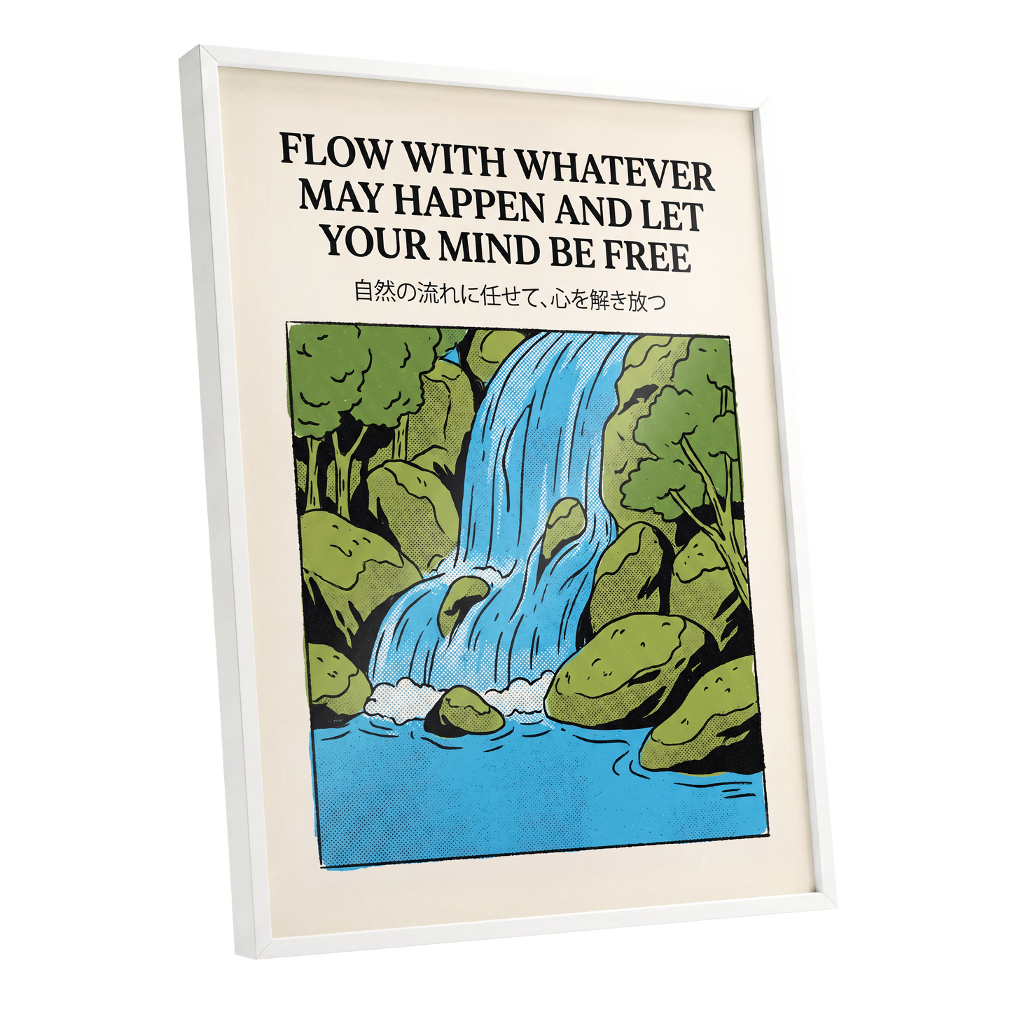 Free-Flow Falls, black, green, beige nature wall art shown as a white framed poster wall art print