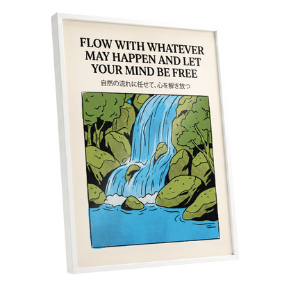 Free-Flow Falls, black, green, beige nature wall art shown as a white framed poster wall art print