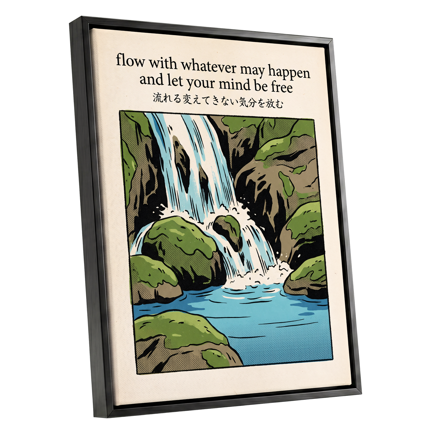 Free-Flowing Falls, beige, black, green nature wall art shown as a black framed canvas wall art