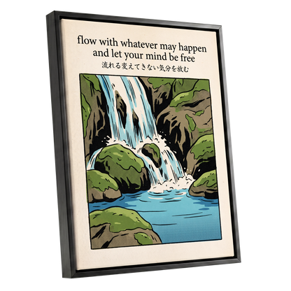 Free-Flowing Falls, beige, black, green nature wall art shown as a black framed canvas wall art