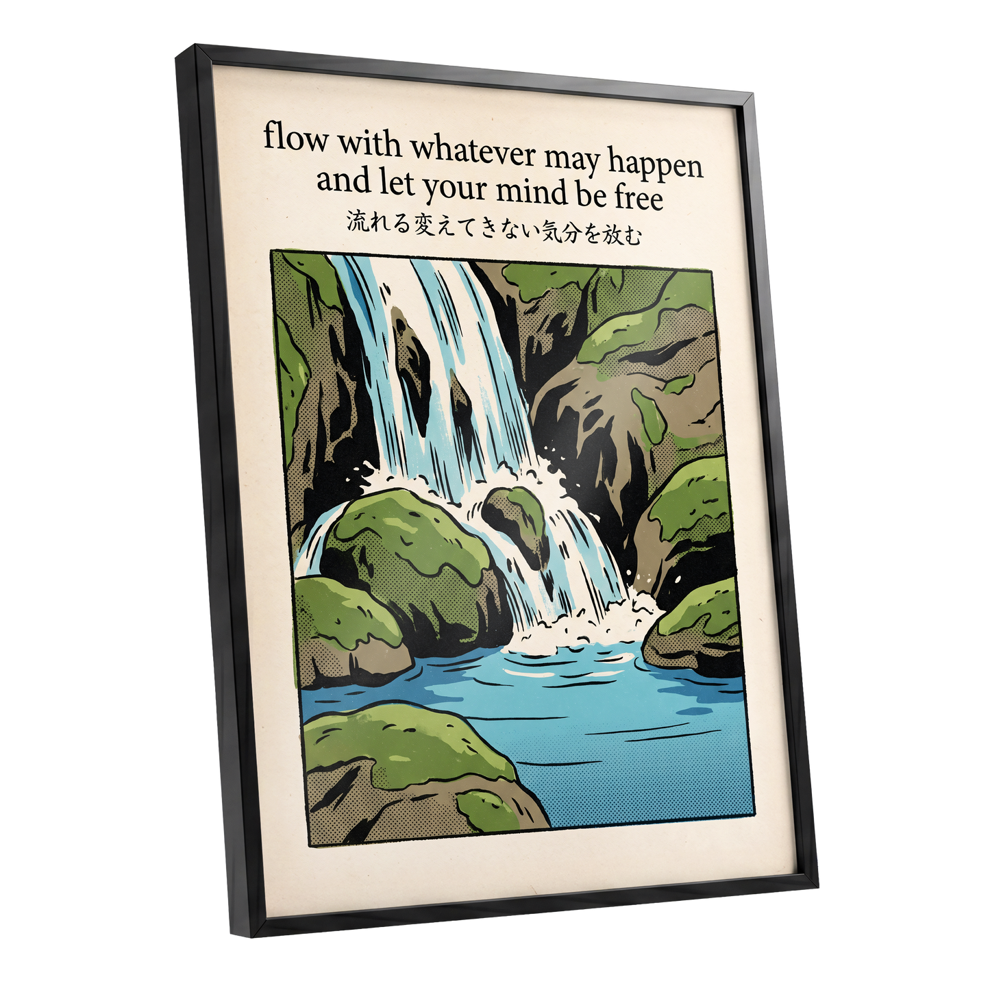 Free-Flowing Falls, beige, black, green nature wall art shown as a black framed poster wall art print