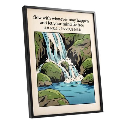 Free-Flowing Falls, beige, black, green nature wall art shown as a black framed poster wall art print