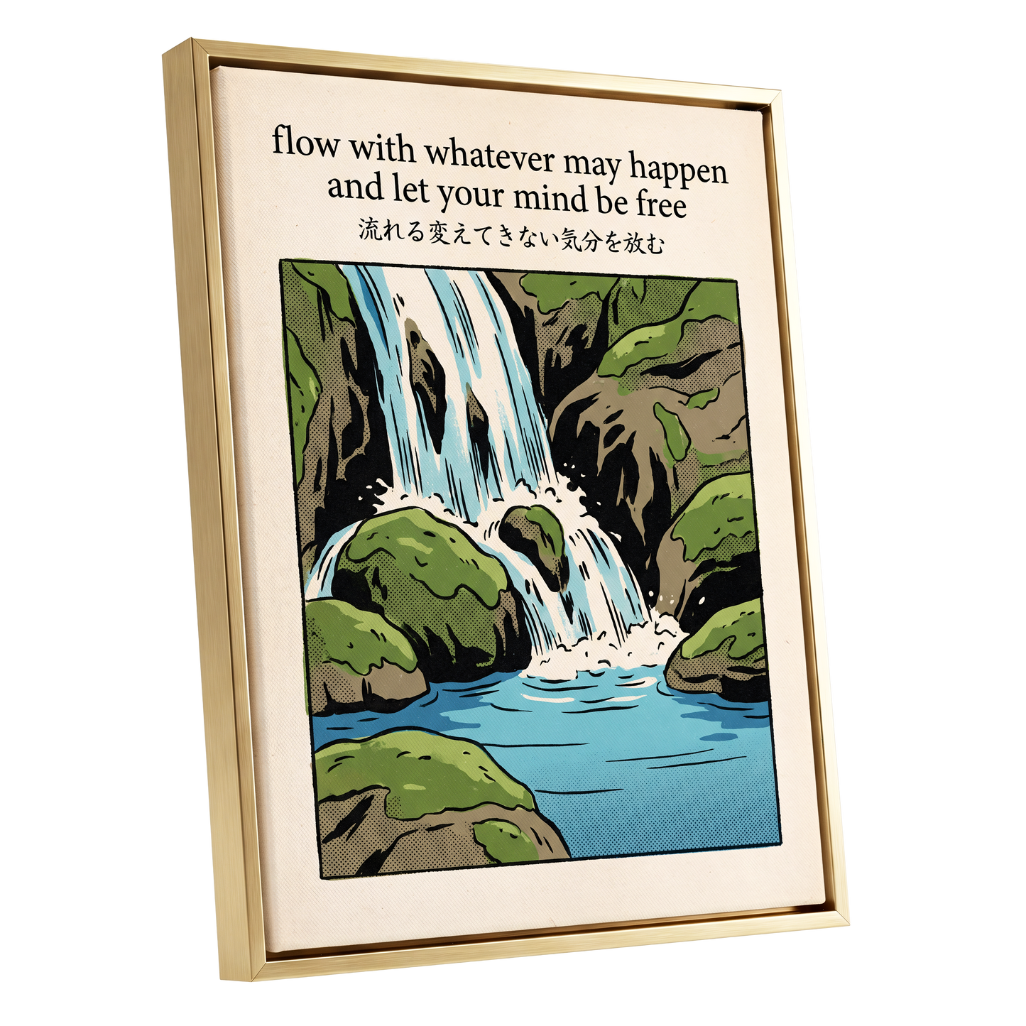 Free-Flowing Falls, beige, black, green nature wall art shown as a gold framed canvas wall art