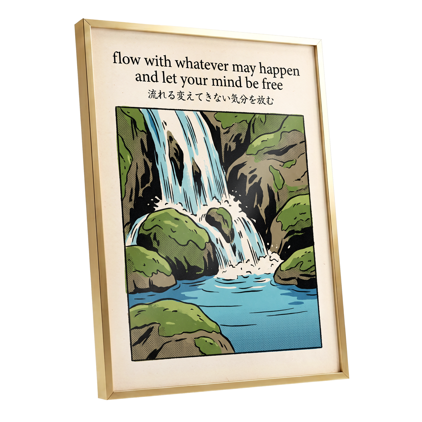 Free-Flowing Falls, beige, black, green nature wall art shown as a gold framed poster wall art print
