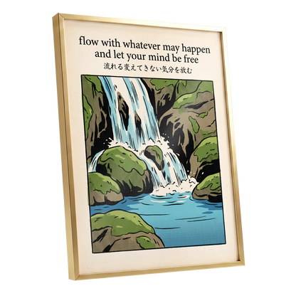 Free-Flowing Falls, beige, black, green nature wall art shown as a gold framed poster wall art print